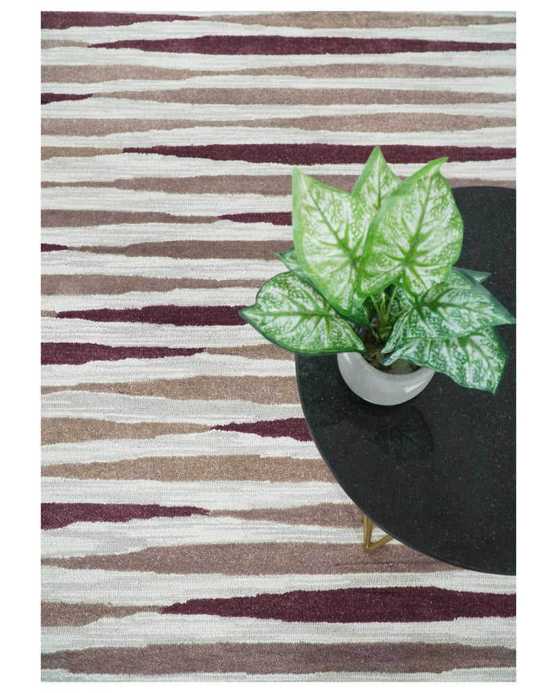 8x10 Ivory and Pink Hand Tufted Modern Scandinavian Stripe Wool Area Rug | YUK2