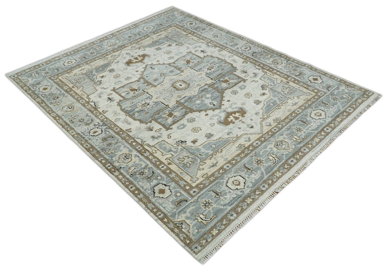 8x10 Ivory, Beige and Silver Traditional Hand Knotted Wool Area Rug