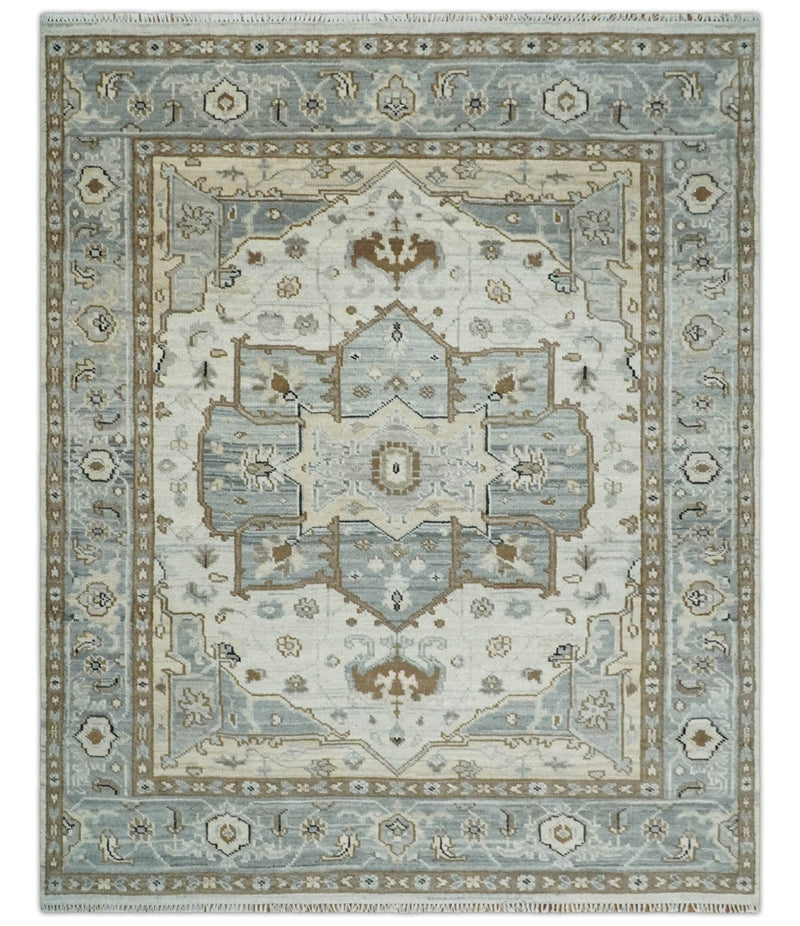 8x10 Ivory, Beige and Silver Traditional Hand Knotted Wool Area Rug