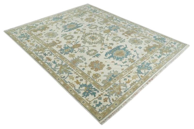 8x10 Ivory, Beige and Teal Hand Knotted Traditional Oushak Wool Area Rug | TRDCP1165810