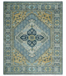 8x10 Ivory, Blue and Beige Heriz Serapi Traditional  Persian Antique Hand Knotted Wool Area Rug | TRDCP1117810