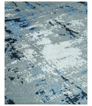 8x10 Ivory, Gray, Blue and Black Modern Abstract Hand Knotted Wool and Bamboo Silk Area Rug by The Rug Decor