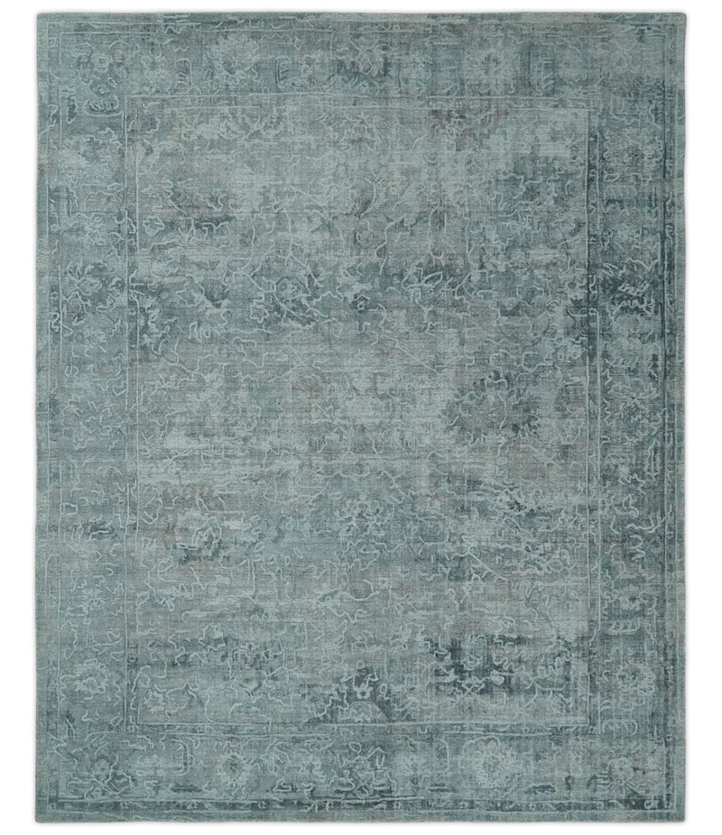 8x10 Ivory, Gray and Charcoal Traditional Erased Handmade Blended Wool Area Rug