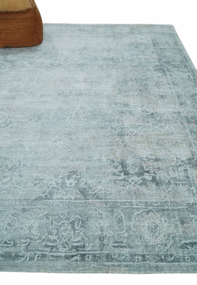 8x10 Ivory, Gray and Charcoal Traditional Erased Handmade Blended Wool Area Rug