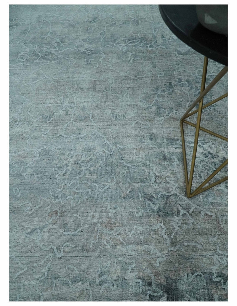 8x10 Ivory, Gray and Charcoal Traditional Erased Handmade Blended Wool Area Rug
