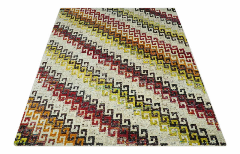 8x10 Ivory, Maroon, Black and Mustard Greek key design Hand Knotted wool area rug