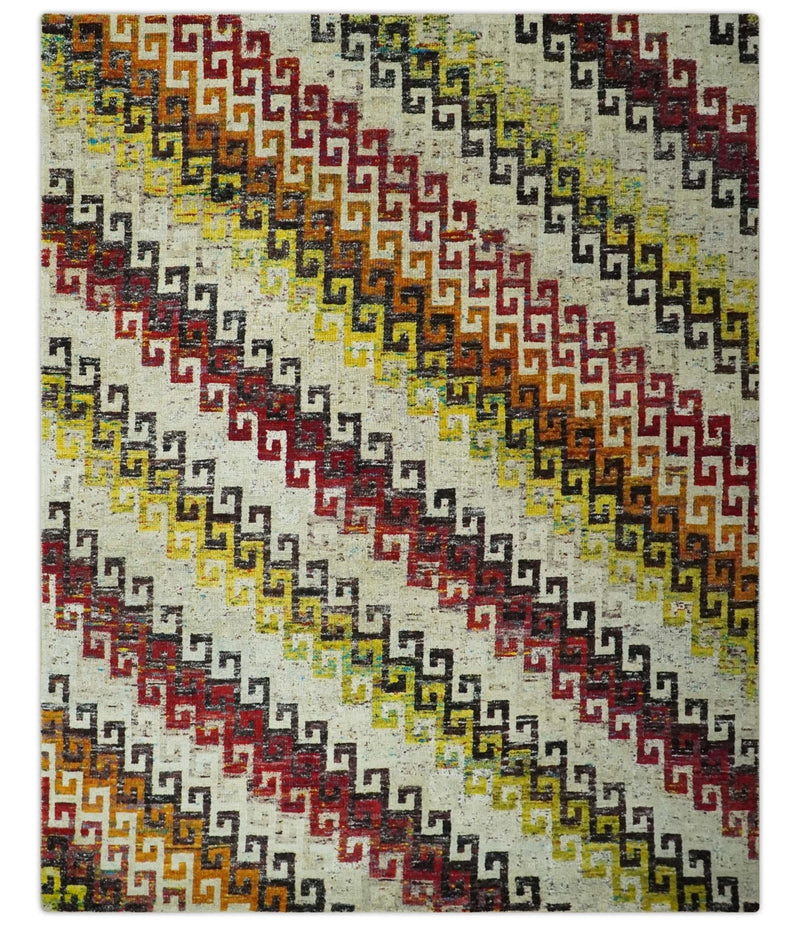 8x10 Ivory, Maroon, Black and Mustard Greek key design Hand Knotted wool area rug
