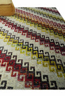 8x10 Ivory, Maroon, Black and Mustard Greek key design Hand Knotted wool area rug