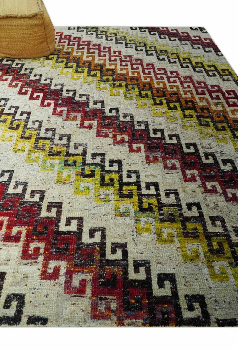 8x10 Ivory, Maroon, Black and Mustard Greek key design Hand Knotted wool area rug