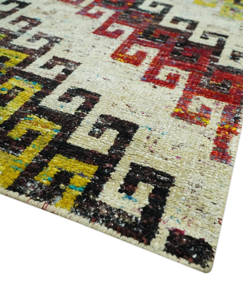 8x10 Ivory, Maroon, Black and Mustard Greek key design Hand Knotted wool area rug