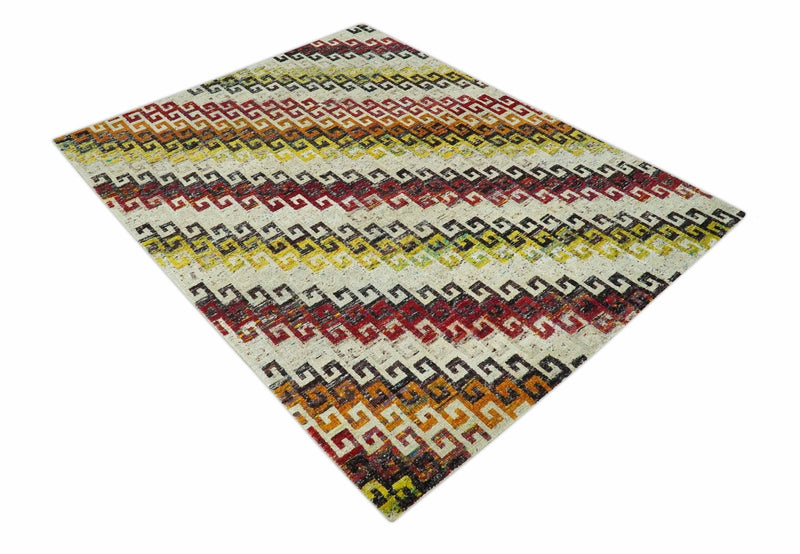 8x10 Ivory, Maroon, Black and Mustard Greek key design Hand Knotted wool area rug