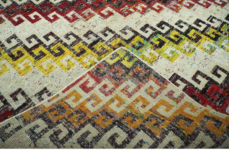 8x10 Ivory, Maroon, Black and Mustard Greek key design Hand Knotted wool area rug
