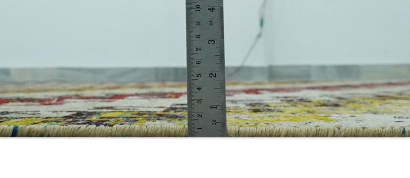 8x10 Ivory, Maroon, Black and Mustard Greek key design Hand Knotted wool area rug