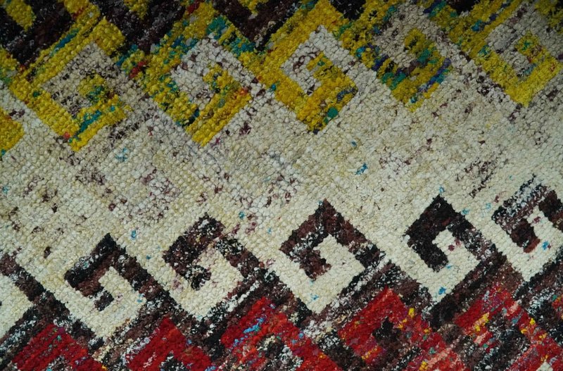 8x10 Ivory, Maroon, Black and Mustard Greek key design Hand Knotted wool area rug