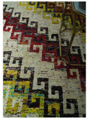 8x10 Ivory, Maroon, Black and Mustard Greek key design Hand Knotted wool area rug