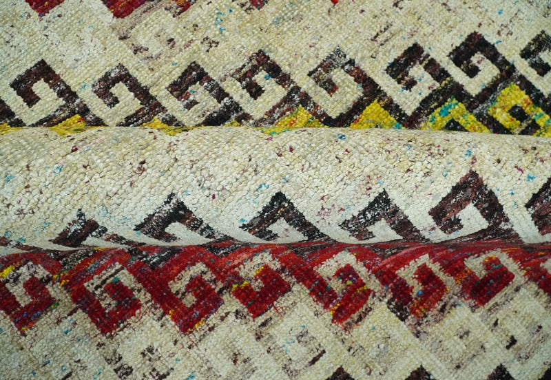 8x10 Ivory, Maroon, Black and Mustard Greek key design Hand Knotted wool area rug
