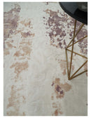 8x10 Ivory, Peach and Maroon Hand Carved Modern Abstract Hand Loomed Blended wool and Art silk Area Rug