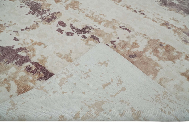 8x10 Ivory, Peach and Maroon Hand Carved Modern Abstract Hand Loomed Blended wool and Art silk Area Rug