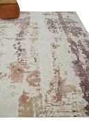 8x10 Ivory, Peach and Maroon Hand Carved Modern Abstract Hand Loomed Blended wool and Art silk Area Rug