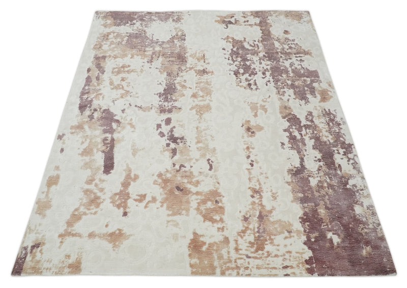 8x10 Ivory, Peach and Maroon Hand Carved Modern Abstract Hand Loomed Blended wool and Art silk Area Rug