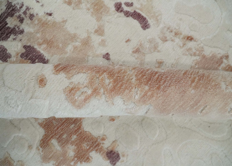 8x10 Ivory, Peach and Maroon Hand Carved Modern Abstract Hand Loomed Blended wool and Art silk Area Rug