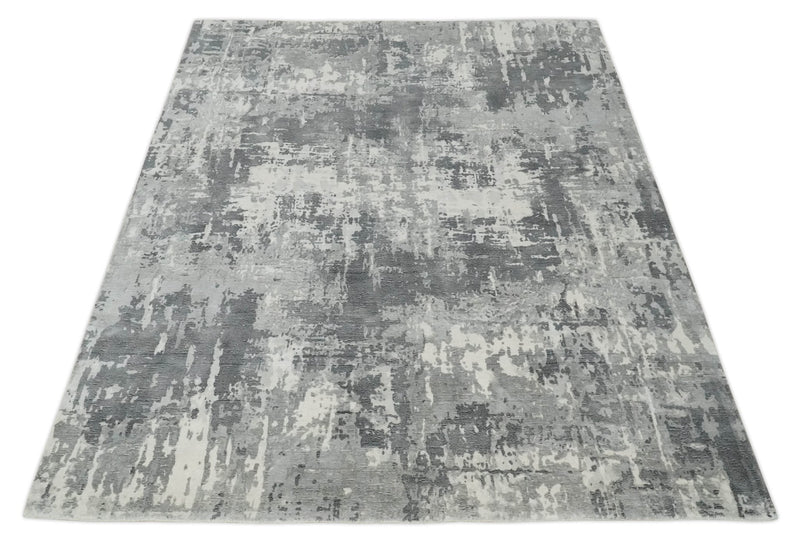 8x10 Ivory, Silver and Charcoal Modern Abstract Hand Loomed Blended wool and Art silk Area Rug