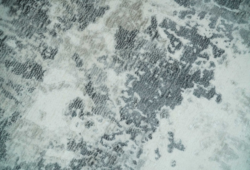 8x10 Ivory, Silver and Charcoal Modern Abstract Hand Loomed Blended wool and Art silk Area Rug