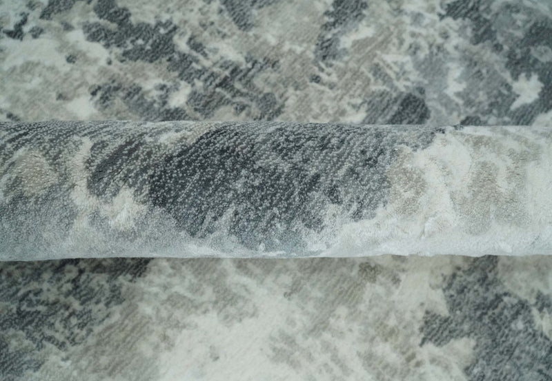 8x10 Ivory, Silver and Charcoal Modern Abstract Hand Loomed Blended wool and Art silk Area Rug