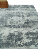 8x10 Ivory, Silver and Charcoal Modern Abstract Hand Loomed Blended wool and Art silk Area Rug