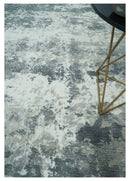 8x10 Ivory, Silver and Charcoal Modern Abstract Hand Loomed Blended wool and Art silk Area Rug