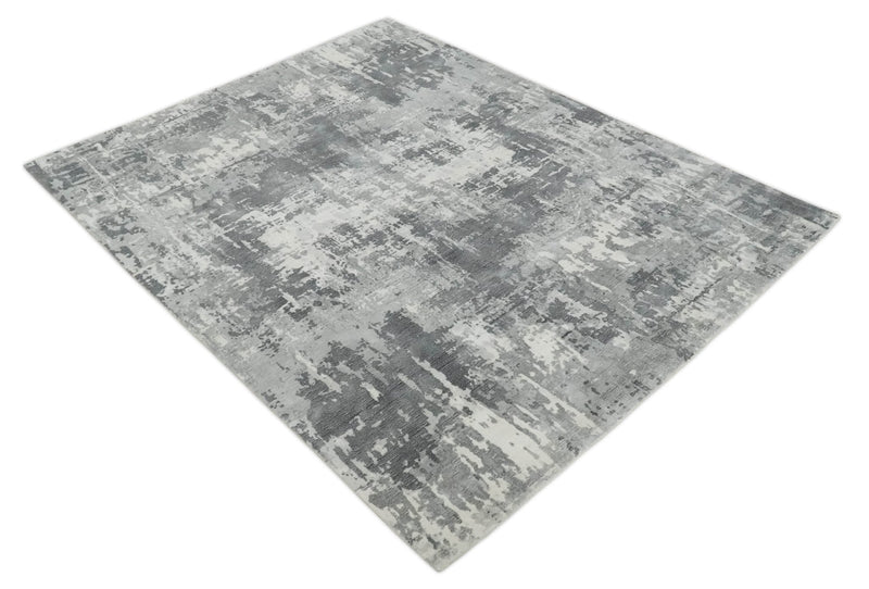 8x10 Ivory, Silver and Charcoal Modern Abstract Hand Loomed Blended wool and Art silk Area Rug
