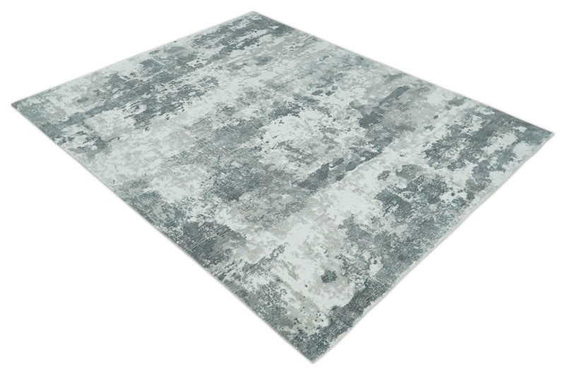 8x10 Ivory, Silver and Charcoal Modern Abstract Hand Loomed Blended wool and Art silk Area Rug