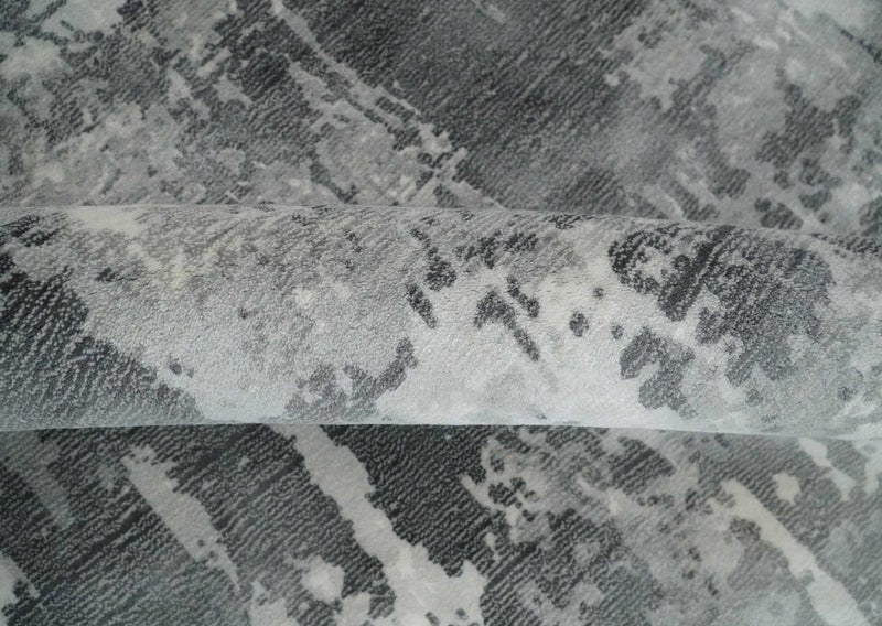 8x10 Ivory, Silver and Charcoal Modern Abstract Hand Loomed Blended wool and Art silk Area Rug