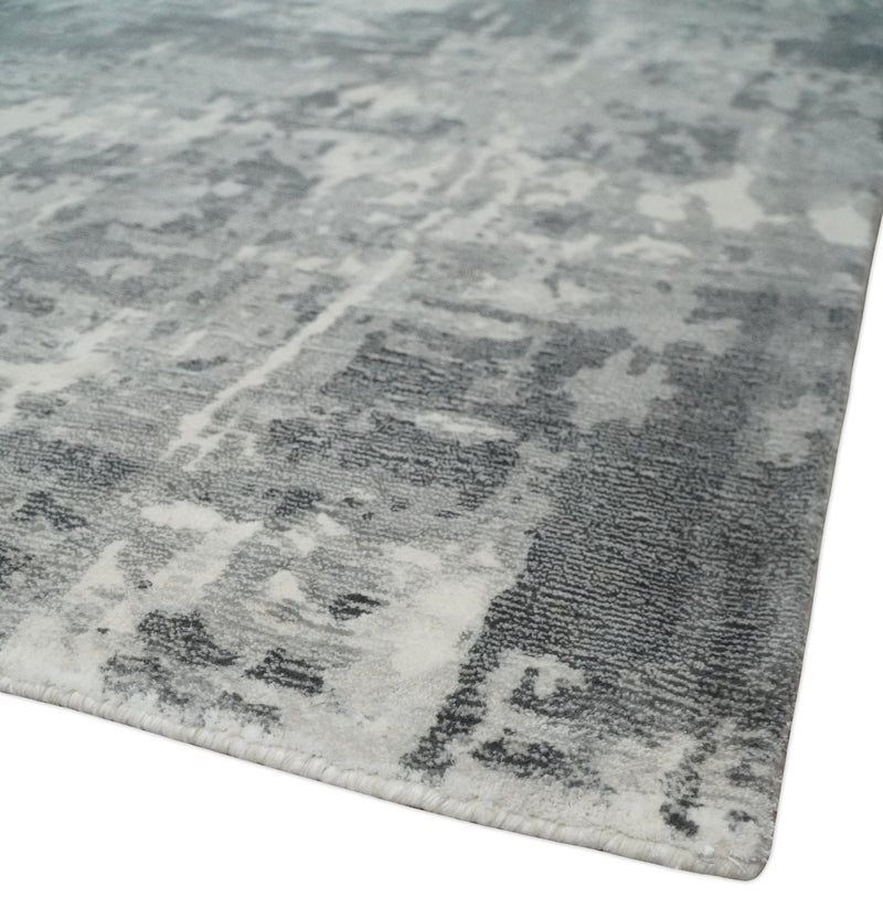 8x10 Ivory, Silver and Charcoal Modern Abstract Hand Loomed Blended wool and Art silk Area Rug