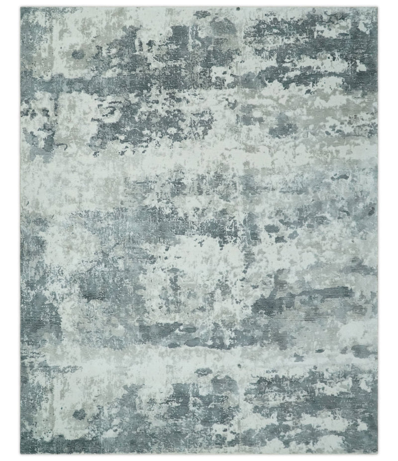 8x10 Ivory, Silver and Charcoal Modern Abstract Hand Loomed Blended wool and Art silk Area Rug