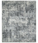 8x10 Ivory, Silver and Charcoal Modern Abstract Hand Loomed Blended wool and Art silk Area Rug