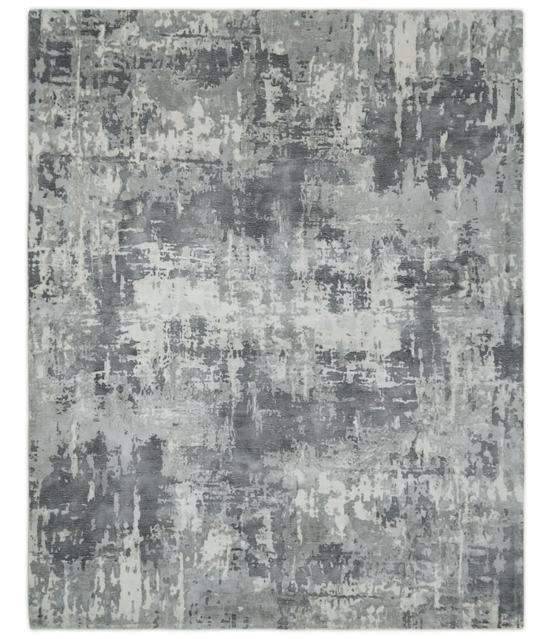 8x10 Ivory, Silver and Charcoal Modern Abstract Hand Loomed Blended wool and Art silk Area Rug