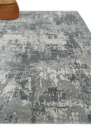 8x10 Ivory, Silver and Charcoal Modern Abstract Hand Loomed Blended wool and Art silk Area Rug