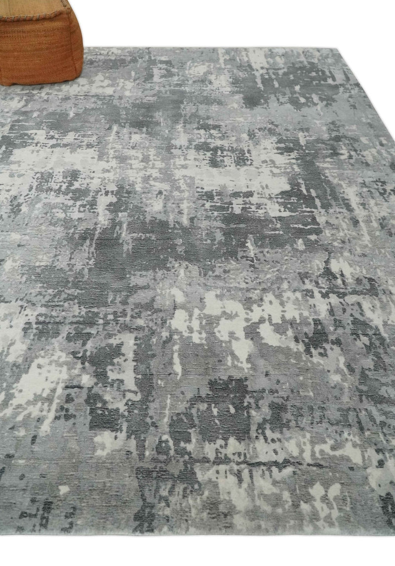 8x10 Ivory, Silver and Charcoal Modern Abstract Hand Loomed Blended wool and Art silk Area Rug