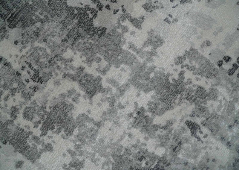 8x10 Ivory, Silver and Charcoal Modern Abstract Hand Loomed Blended wool and Art silk Area Rug