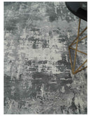 8x10 Ivory, Silver and Charcoal Modern Abstract Hand Loomed Blended wool and Art silk Area Rug