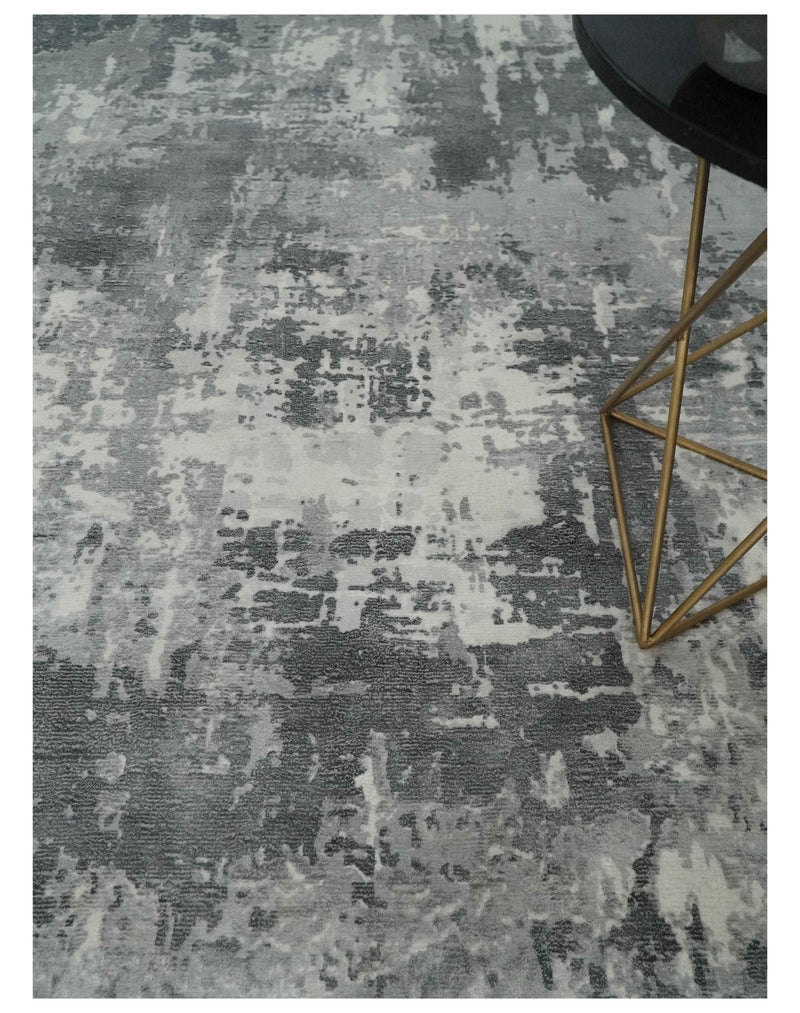 8x10 Ivory, Silver and Charcoal Modern Abstract Hand Loomed Blended wool and Art silk Area Rug