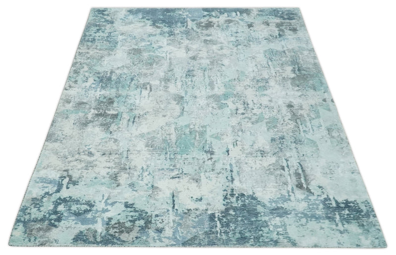8x10 Ivory, Silver and Teal Modern Abstract Hand Loomed Blended wool and Art silk Area Rug
