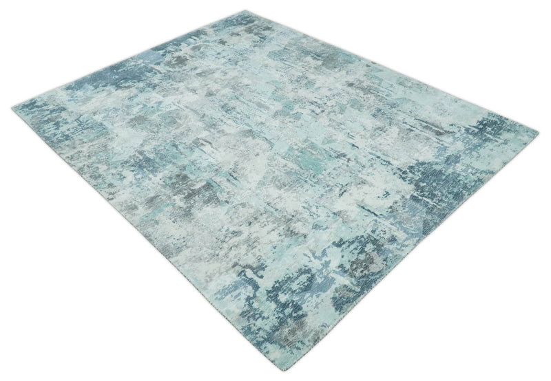 8x10 Ivory, Silver and Teal Modern Abstract Hand Loomed Blended wool and Art silk Area Rug