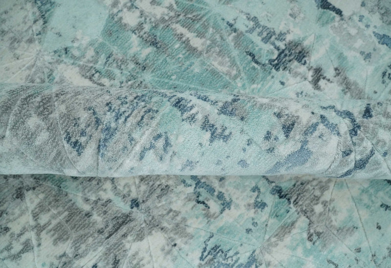 8x10 Ivory, Silver and Teal Modern Abstract Hand Loomed Blended wool and Art silk Area Rug