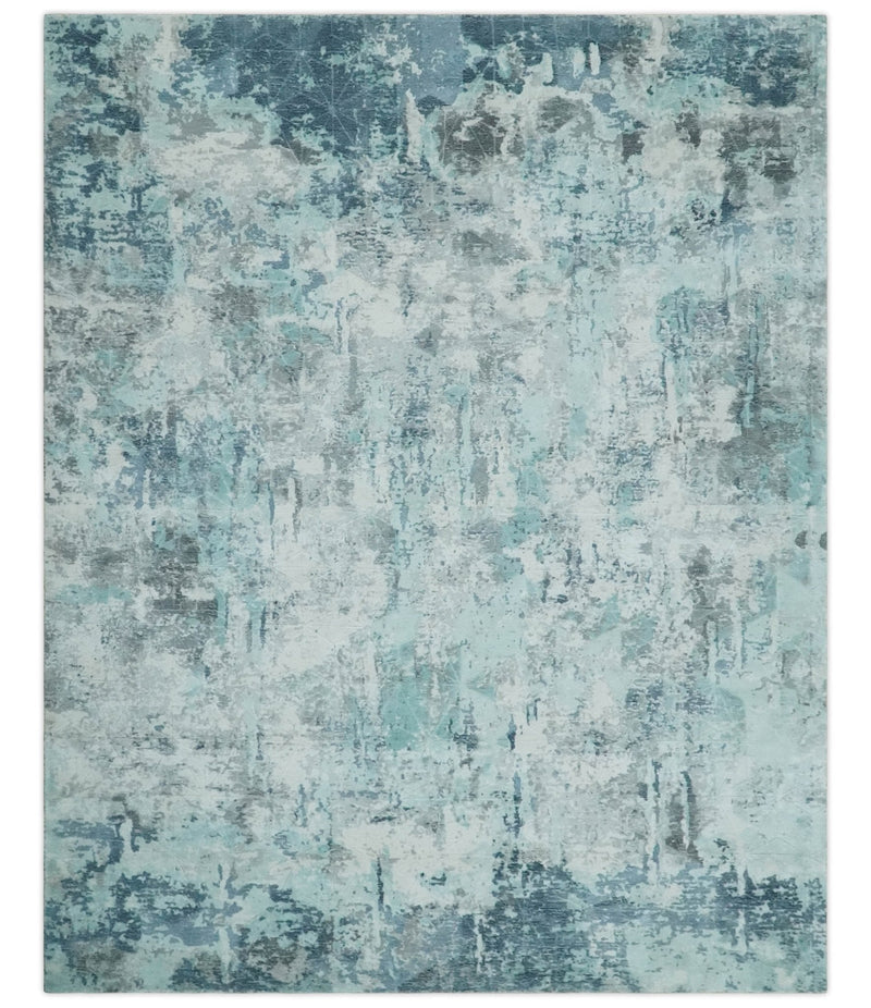 8x10 Ivory, Silver and Teal Modern Abstract Hand Loomed Blended wool and Art silk Area Rug