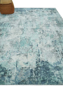 8x10 Ivory, Silver and Teal Modern Abstract Hand Loomed Blended wool and Art silk Area Rug