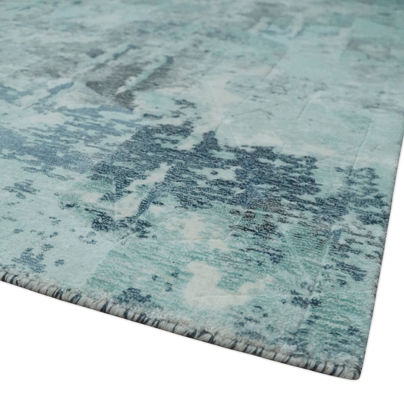 8x10 Ivory, Silver and Teal Modern Abstract Hand Loomed Blended wool and Art silk Area Rug