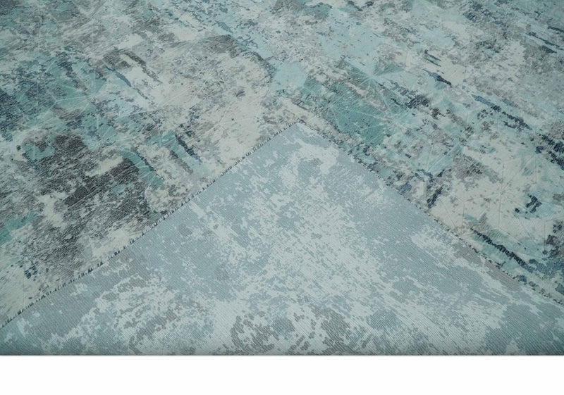 8x10 Ivory, Silver and Teal Modern Abstract Hand Loomed Blended wool and Art silk Area Rug