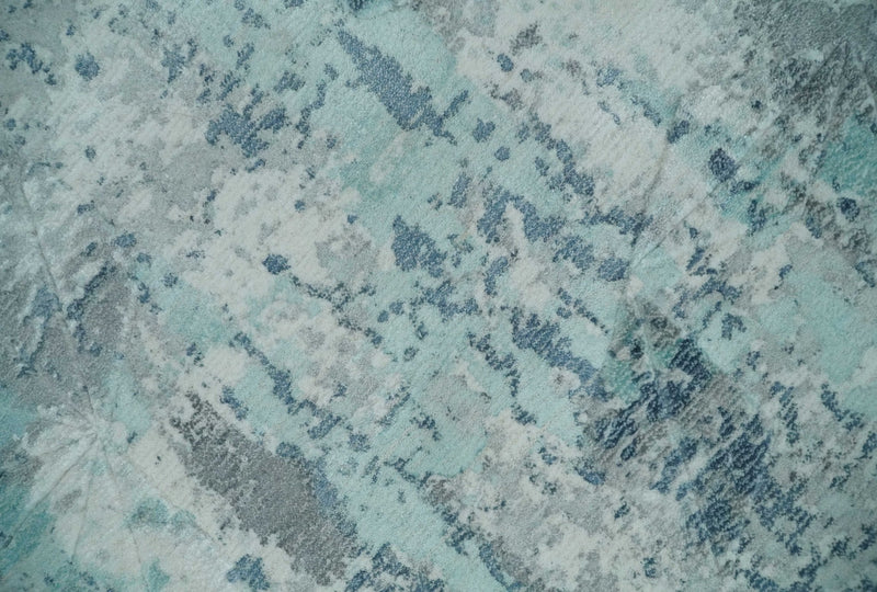 8x10 Ivory, Silver and Teal Modern Abstract Hand Loomed Blended wool and Art silk Area Rug